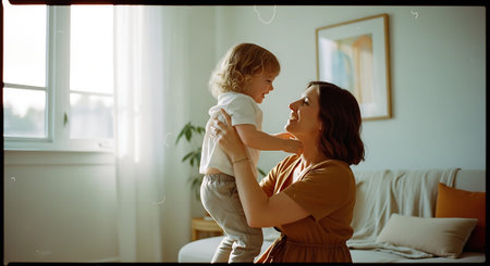 A happy mother lifting her toddler in a bright and cozy living room with bubbles floating around them.の素材