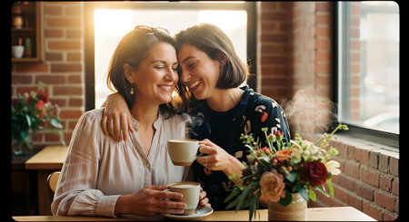 Mother and daughter sitting in cafe and drinking coffee. They are looking at each other and smiling.の素材