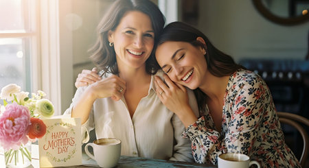 Two women celebrating Mother's Day with coffee and flowersの素材