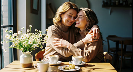 Two women embracing and enjoying coffee together at a cozy table with flowersの素材
