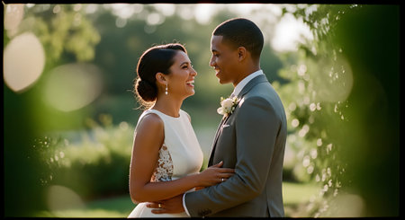 A man and woman dressed in formal attire share a tender moment, dancing closely in a lush garden setting with soft, natural lighting.の素材