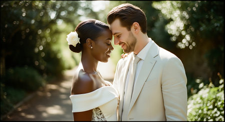 A loving couple in formal attire embracing each other on a serene garden pathの素材