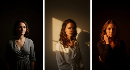 A woman in different moods and poses, showcasing her various expressions and emotions in a dark room with contrasting lighting.の素材