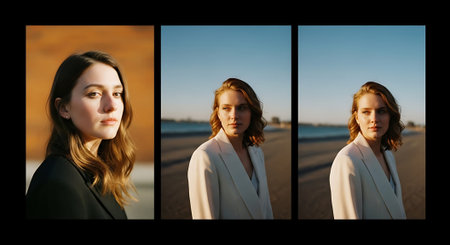 A young woman in a blazer stands on a beach with the ocean in the background. Three portraits showcase her in different poses, with a serene and calm mood.の素材