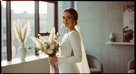 A bride in a sleek, long-sleeved white wedding dress smiles while holding a bouquet of white and light pink flowers. The scene is set in a bright, modern room with large windows.の素材
