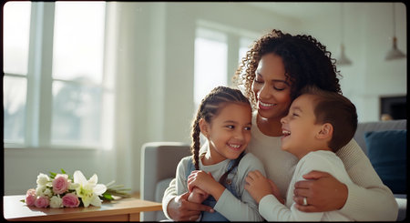 A happy mother embracing her two children in a cozy living room with flowers on the table.の素材