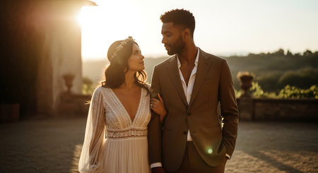 A man in a brown suit and a woman in a white lace dress walk hand in hand during a warm sunset, with a scenic backdrop of greenery and stone structures.の素材