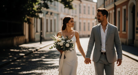A happy couple in love walking hand in hand down a charming city street on a sunny dayの素材