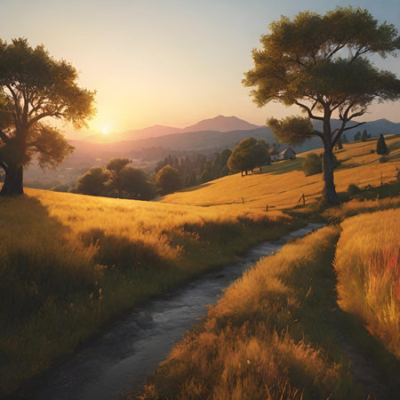 Beautiful autumn landscape in the mountains at sunrise. Digital painting.