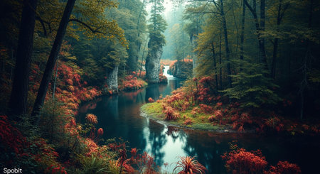 Autumn landscape with river and colorful forest. Colorful autumn forest in the fog.