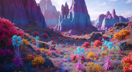 Fantasy alien planet. Mountain and flowers. 3D illustration.