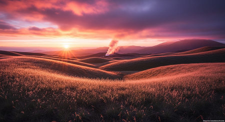 Golden Sunset Over Rolling Hillsの写真素材