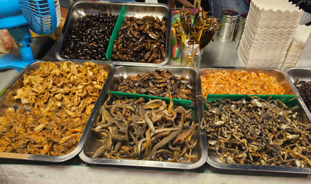 Dried fish and bugs in a market in Pattaya, Thailand.
