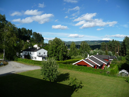 Scenic Norwegian landscape featuring red and white houses surrounded by lush greenery and trees.の写真素材