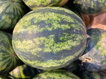 Watermelons at the market, close-up of watermelonsの写真素材