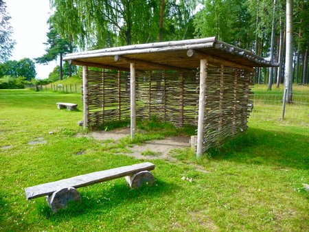 Wooden pavilion in the park on a sunny summer day.の写真素材