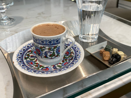 Cup of coffee on the metal tray in a cafe with a glass of water and some candies. Cup is covered with oriental patterns.の写真素材