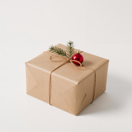 Rustic Christmas gift box wrapped in kraft paper and tied with twine on white backgroundの素材