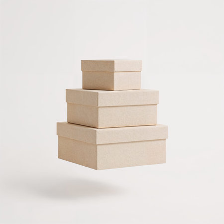 Floating Stack of Three Minimalist Beige Kraft Paper Square Gift Boxes on a White Backgroundの素材