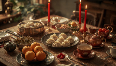 Steaming baozi with mandarins and red candles â cozy Lunar New Year tea time atmosphereの素材