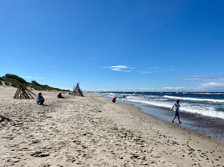 September 1, 2022, Curonian Spit, Russia. Sunny day at the Baltic Sea beach, with people enjoying the waves near unique teepee-like driftwood shelters.のeditorial素材