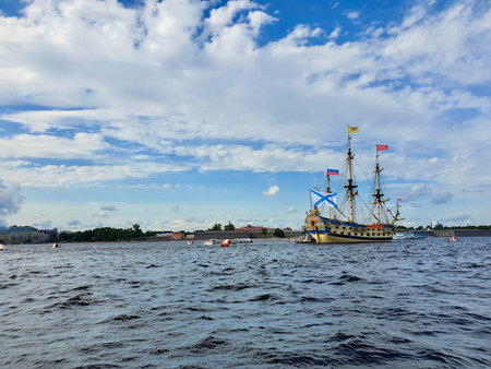 July 20, 2021, St. Petersburg, Russia. Historical replica of the 18th-century battleship Poltava on...