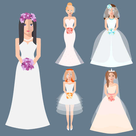 Wedding fashion. Collection brides in different dress style. Bridal shower decor set in flat design. Girl, cartoon, woman, silhouette, veil, the bride's bouquet. Vector illustrationのイラスト素材