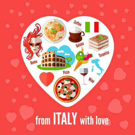 Italian love - heart shape with vector icons. Vector illustration. Icons with elements of pizzas, pastas, Coliseum, coffee, masks, wine, tiramisu, maps of Italy.のイラスト素材