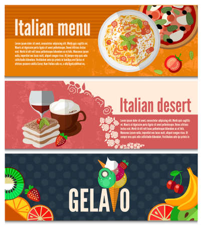 Collection of web banners with with Italian food, drinks and dessert. Food flat design, vector illustration. EPS 10のイラスト素材