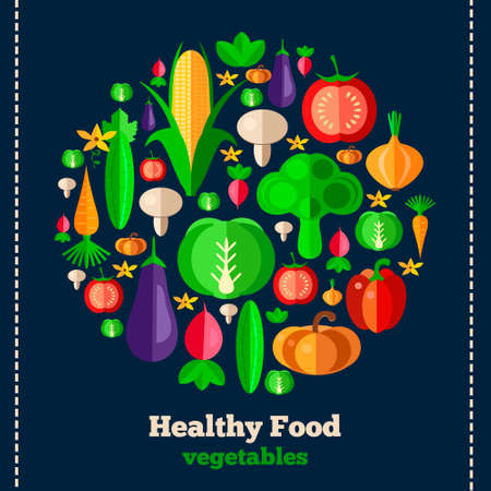 Vegetable background in flat style. Colorful template for cooking, restaurant menu and vegetarian food. Vector illustrationのイラスト素材