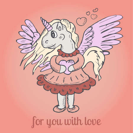 Cute Pegasus clothing to give love. Vintage style. Vector illustration. Gift card.のイラスト素材