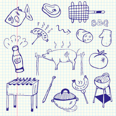 Drawing by hand a pen in a notebook on the theme of grilling and barbecue. Vector illustration.のイラスト素材