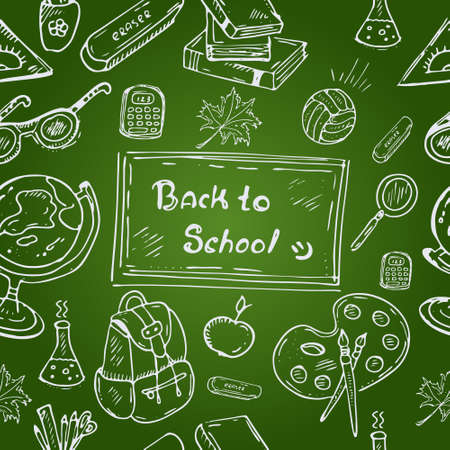 Freehand drawing school items on a sheet of exercise book. Back to School. Vector illustration. Seamless patternのイラスト素材