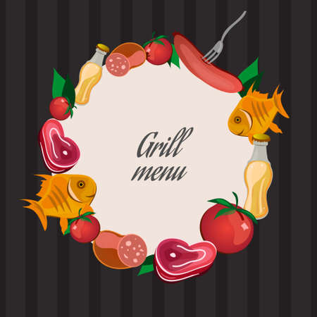 Barbecue, grill and picnic frame with elements of steak, sausage, fish, tomato, soda. Vector illustration.のイラスト素材