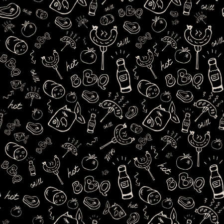 Black and white barbecue, grill, picnic seamless pattern with hand drawn elements of sausage, stake, fish, tomato. Pattern can be used for wallpaper, pattern fills, surface textures.のイラスト素材