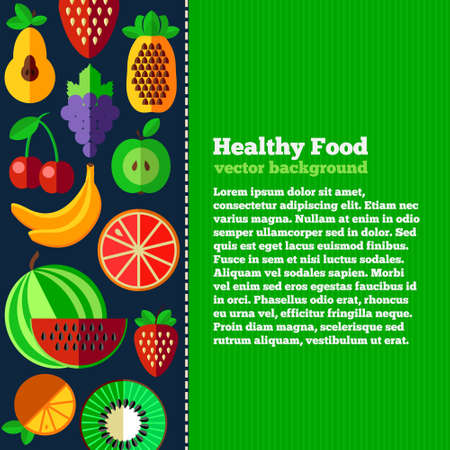 Fruits and berries background in flat style. Colorful template for cooking, restaurant menu and vegetarian food. Vector illustration. Diet and organic food template.のイラスト素材