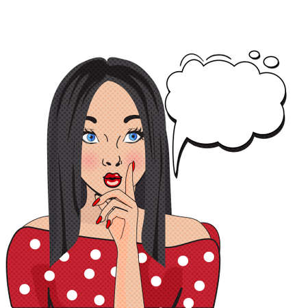 WOW bubble pop art. Thoughtful woman with pouty lips isolated on white background. Vintage comic poster with a girl. Pop Art illustration of a woman with the speech bubble. Party invitation.のイラスト素材