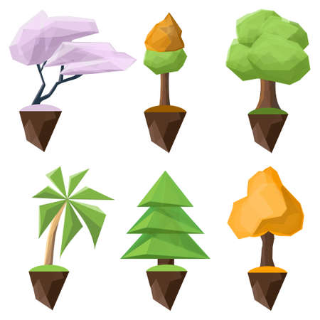 Set of low-poly and isometric vector trees on a white background. Collection of geometric abstract trees. Can be used for mobile applications, games, logos, print, the Internet.のイラスト素材