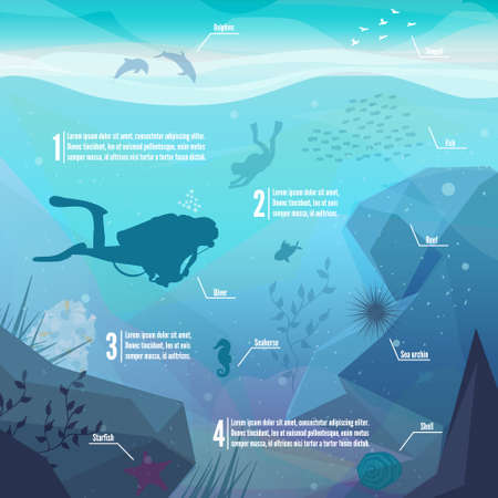 Underwater diving infographics. Landscape of marine life - Island in the ocean and underwater world with different animals. Low polygon style flat illustrations. For web and mobile phone,print.のイラスト素材
