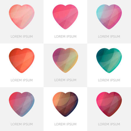 Premium colorful set of geometric hearts icons in low poly style. Abstract shapes for business visual identity - triangle, polygons and rectangular designs. Collection of abstract vector illustrations for Valentine\'s Day.のイラスト素材