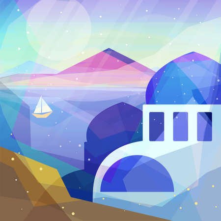Greece landscape in low poly geometric style. Landscape of ancient temple, mountains, sea, beach, sailboat. Vector illustration for web and mobile phone and print.のイラスト素材