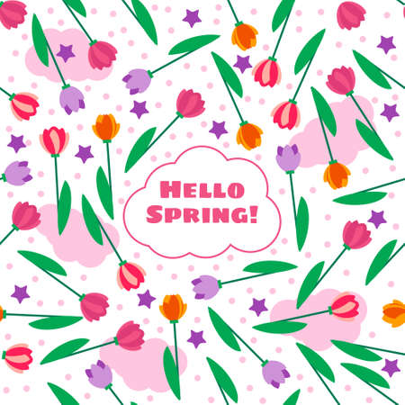 Hello spring. Spring floral seamless pattern with tulips. Seamless pattern can be used for wallpaper, pattern fills, web page background, surface textures. Vector illustrationのイラスト素材