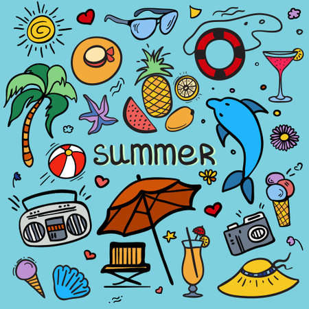 Colorful hand drawn Doodle cartoon set of objects and symbols for summer holidays.のイラスト素材