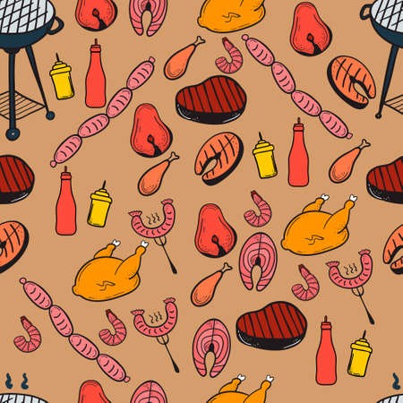 Barbecue and butchery seamless pattern. Vector pattern on the subject of barbecue and grill. Vector illustration for web, mobile and print.のイラスト素材