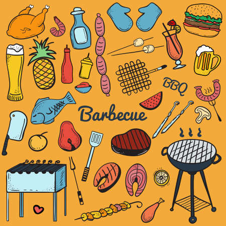 Colorful vector hand-drawn Doodle of Grill and BBQ. Vector illustration of grill and BBQ equipment. Icons for web, mobile and print. Barbecueのイラスト素材