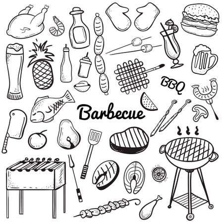 Vector sketchy line art Doodle set of objects and symbols for barbecue and grill theme. Vector barbecue doodle illustrations on whte background. Vector illustrations for web, mobile and print.のイラスト素材