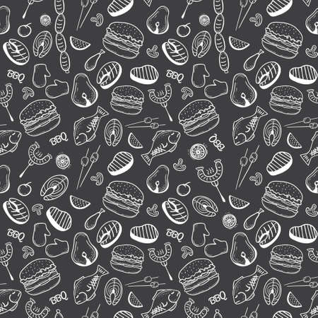Barbecue and grill seamless pattern. Vector illustrations on black background. Pattern for restaurant menus, web, and print.のイラスト素材