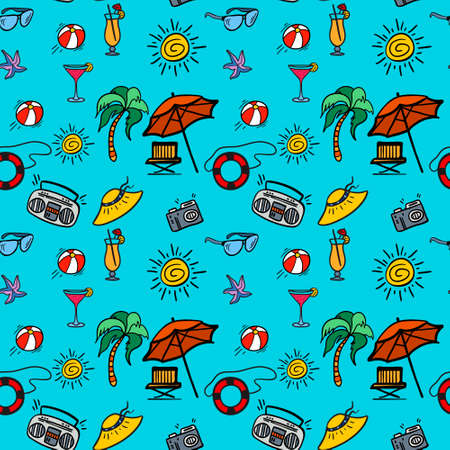 Seamless pattern "beach holidays" with hand drawn elements. Vector seamless pattern for web, mobile and print.のイラスト素材