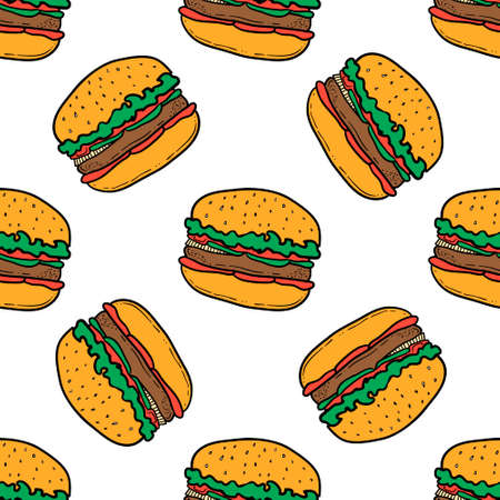 Burger pattern on white background. Seamless pattern with burgers on white background. Vector hand-drawn illustration for banners, menus and print.のイラスト素材