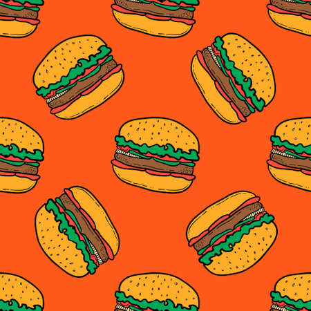 Burger pattern on orange background. Seamless pattern with burgers on orange background. Vector hand-drawn illustration for banners, menus and print.のイラスト素材